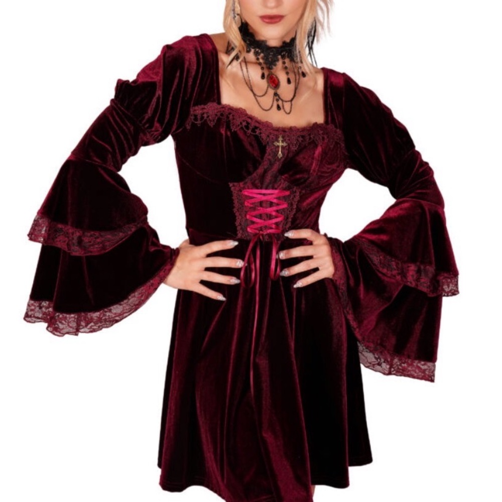 Velvet Lace-Up Dress with Lace Details - Picture 17 of 17